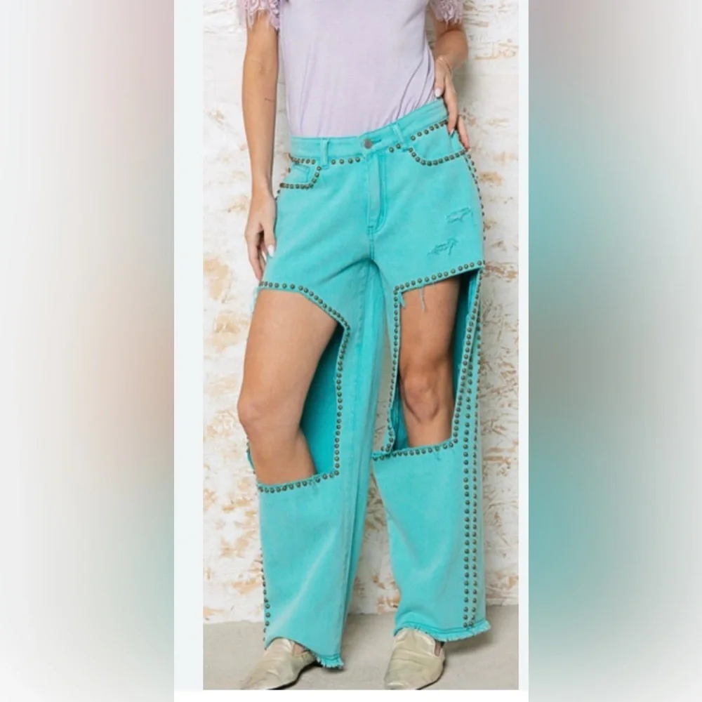 POL Turquoise Studded Cutout Jeans Medium Boho Festival Western Statement